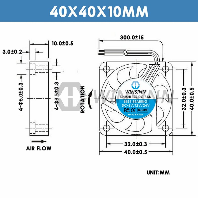 WINSINN 4010 RGB 선풍기 컬러 LED 유압 베어링 브러시리스 냉각, 40mm, DC 5V, 12V, 24V, 40x10mm, 2 핀