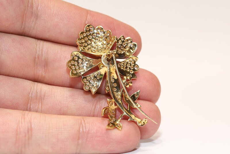 Broche fuerte estilo flores increíbles diamante Natural oro de 18k Vintage Original antiguo
