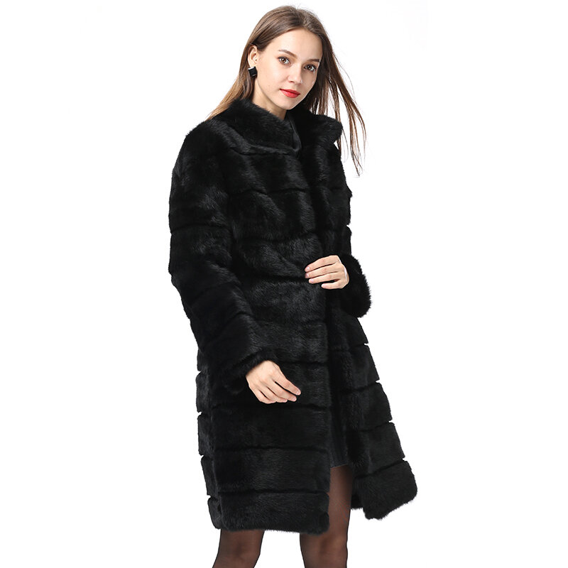 Mantel Bulu Kelinci Musim Dingin Baru 2022 Kerah Berdiri Jaket Panjang Rex Alami Hangat Lembut Mantel Wanita Bulu Penuh Tebal Mewah Ukuran Besar