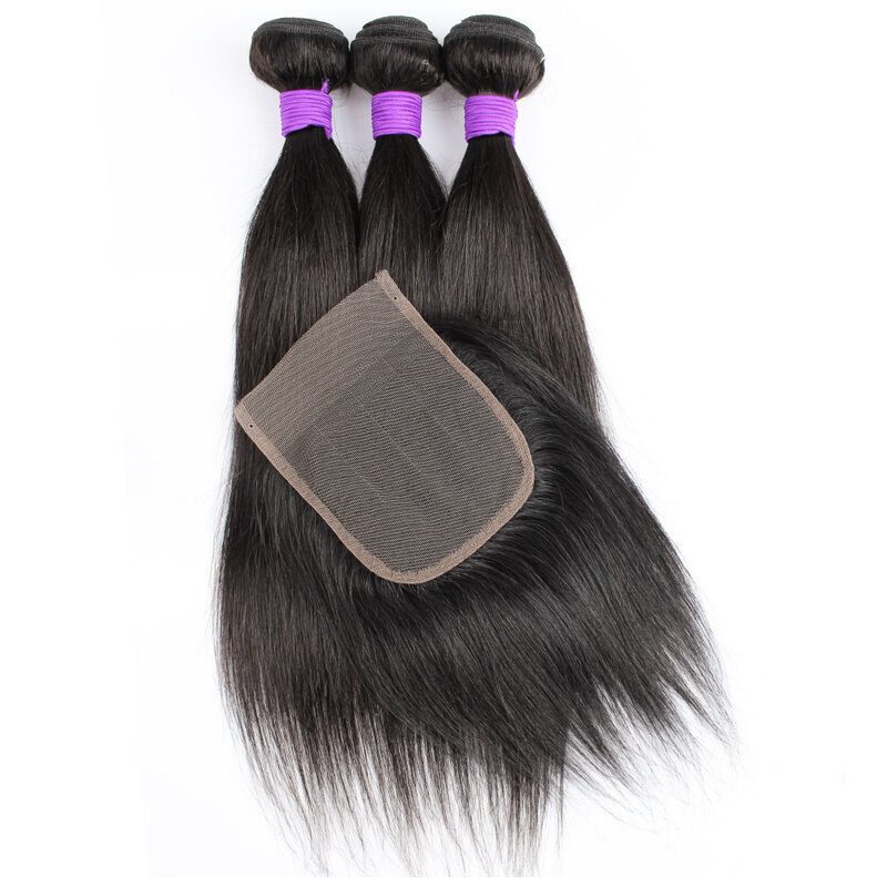 Extensiones de cabello humano indio con cierre de encaje, Color Natural, liso, transparente, suizo, 4x4, 200g por lote, 3 mechones
