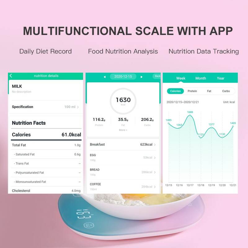 Yolanda 5kg Smart Kitchen Scale Bluetooth APP Electronic Digital Food Weight Balance Measuring Tool Nutrition Analysis