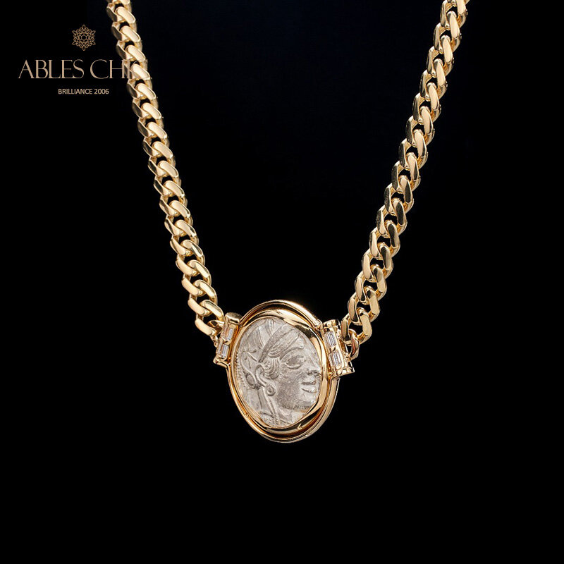 Byzantine 18k ouro athena autêntico antigo romano moeda natural diamante 0.43ct artefato pingente medalhão reversível colar