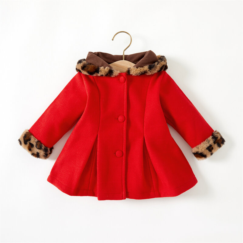 Детское красное леопардовое шерстяное пальто PatPat с капюшоном и длинными рукавами на пуговицах