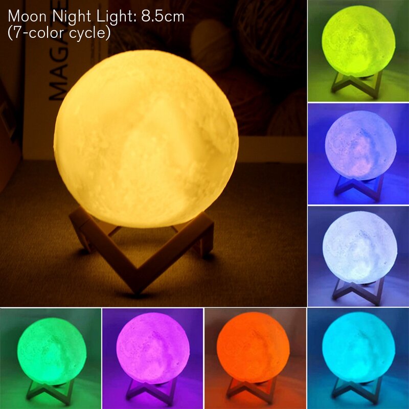 Bateria Powered LED Moon Lamp Com Suporte, Starry Night Light, Decoração do quarto, Kids Gift, 8cm
