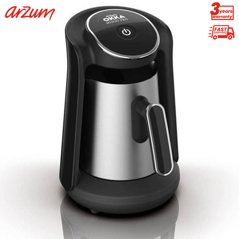 Arzum OKKA Minio Pro Cafetière turque Distributeur autorisé Produit sous licence Tasses en acier inoxydable Système anti-débordement d'une capacité de 4 tasses Système d'avertissement audio et lumineux