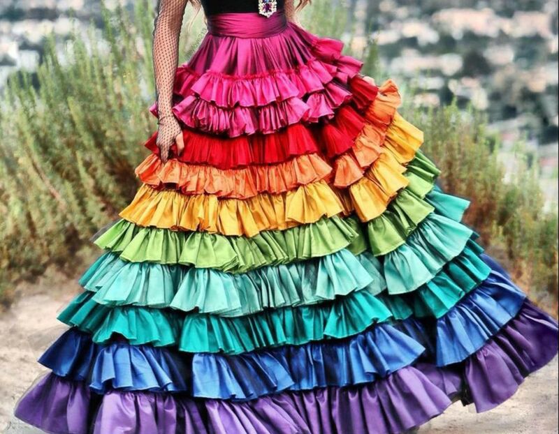 Arco-íris feminino saia de cetim, longa, cintura alta, trajes dia da morte, roupas coloridas, roupas femininas