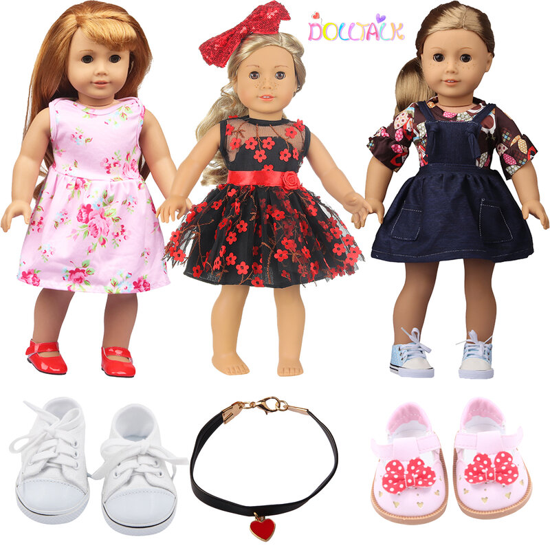 Boneca roupas conjunto 3 vestido + 2 sapatos + 1 acessórios para americano 18 Polegada menina boneca princesa vestido para 43cm recém nascido, diy, og, boneca menina