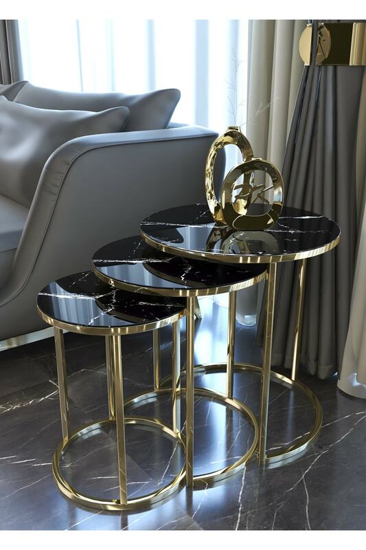 Home Decoration Unbreakable Glass 3 Piece Zigon Coffee Coffee Table (Marble Patterned) Metal Decapod Elegant Design