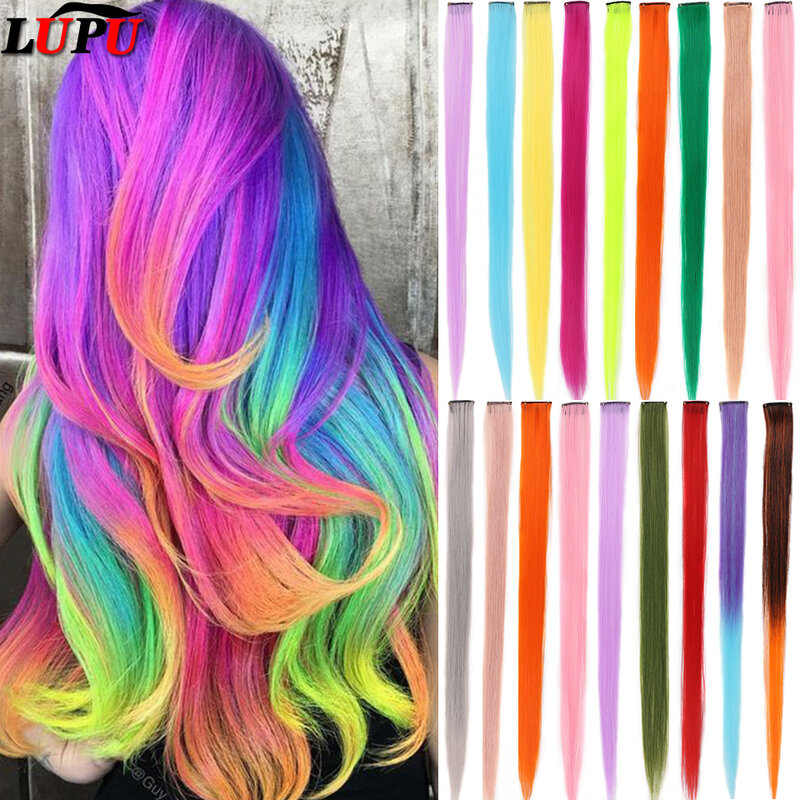 LUPU-Extensión de cabello sintético para mujer, largo y liso postizo de alta temperatura, una pinza, color morado, rosa, rojo, azul y rosa
