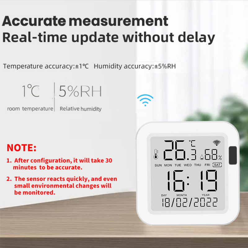 Датчик температуры и влажности Tuya Wi-Fi с поддержкой подсветки для умного дома var SmartLife, работа с Alexa Google Assistant
