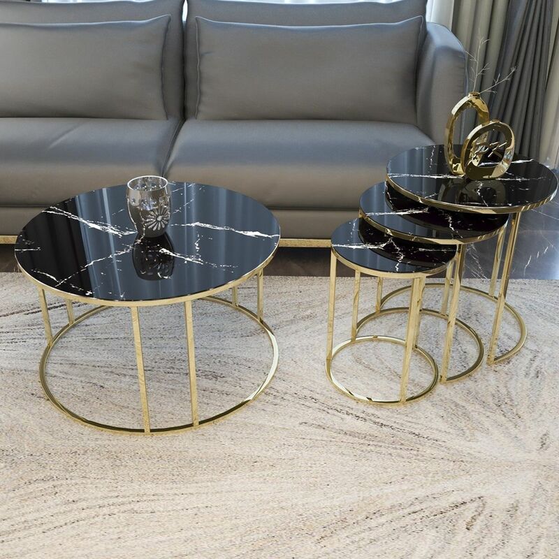 Home Decoration Unbreakable Glass 3 Parça Zigon Coffee Coffee Table (Marble Patterned) Metal Decapod Elegant Tasarım