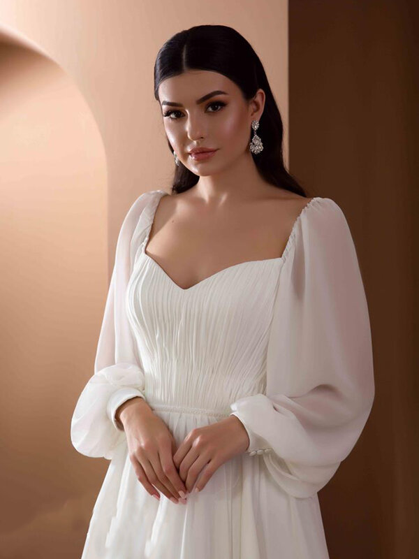 오프 숄더 셔링 쉬폰 웨딩 드레스, 심플한 플리츠 비치 2021 년 저렴한 백리스 롱 퍼피 슬리브 신부 가운 10144