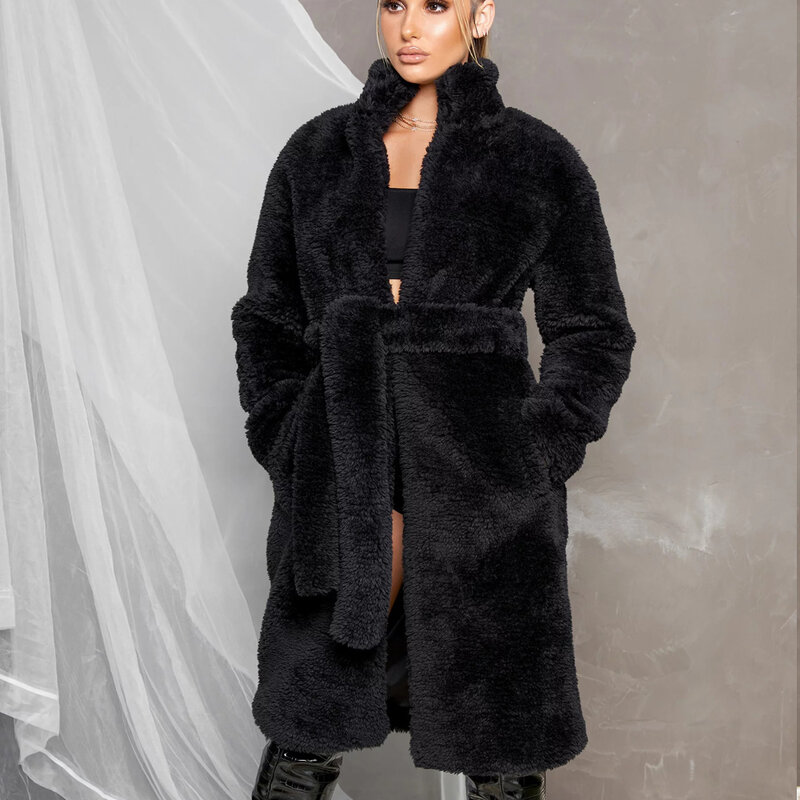 Длинное пальто из искусственного меха для женщин, большие размеры, длинный рукав, пальто из искусственной шерсти, воротник-стойка, шнуровка, Повседневная мода, осень и зима