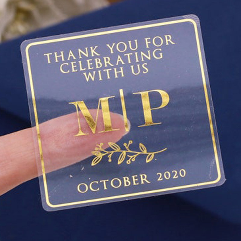 100 pz/lotto adesivi personalizzati con Logo personalizzato trasparente lamina d'oro trasparente adesivi con Logo aziendale in argento adesivi per matrimoni