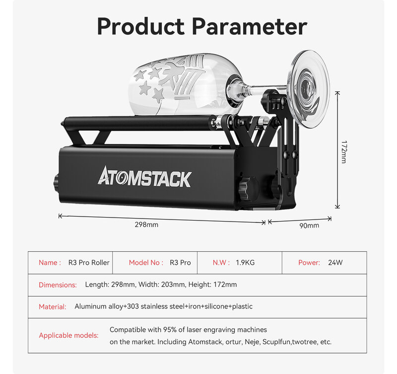 Atomstack-R3 Pro rolo rotativo com suporte separável, 95% CNC Laser gravador para objetos extremamente longos e grandes, rolo cilíndrico