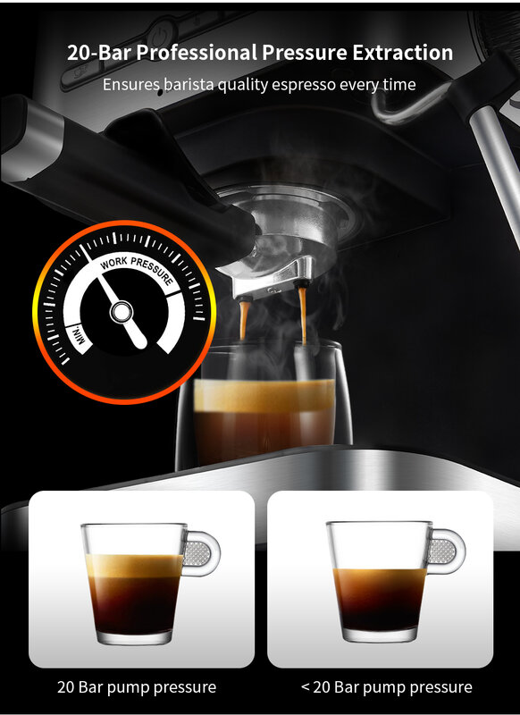 Biolomix-半自動エスプレッソマシン,20バー,1050w,ミルク泡立て器付きコーヒーメーカー,コーヒーマシン,カプチーノ,お湯