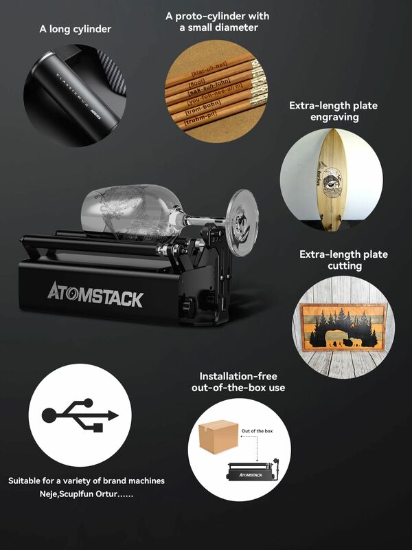Atomstack R3 Pro 회전 롤러, 분리형 지지대, 매우 길고 큰 물체용 CNC 레이저 조각기, 원통형, 95%