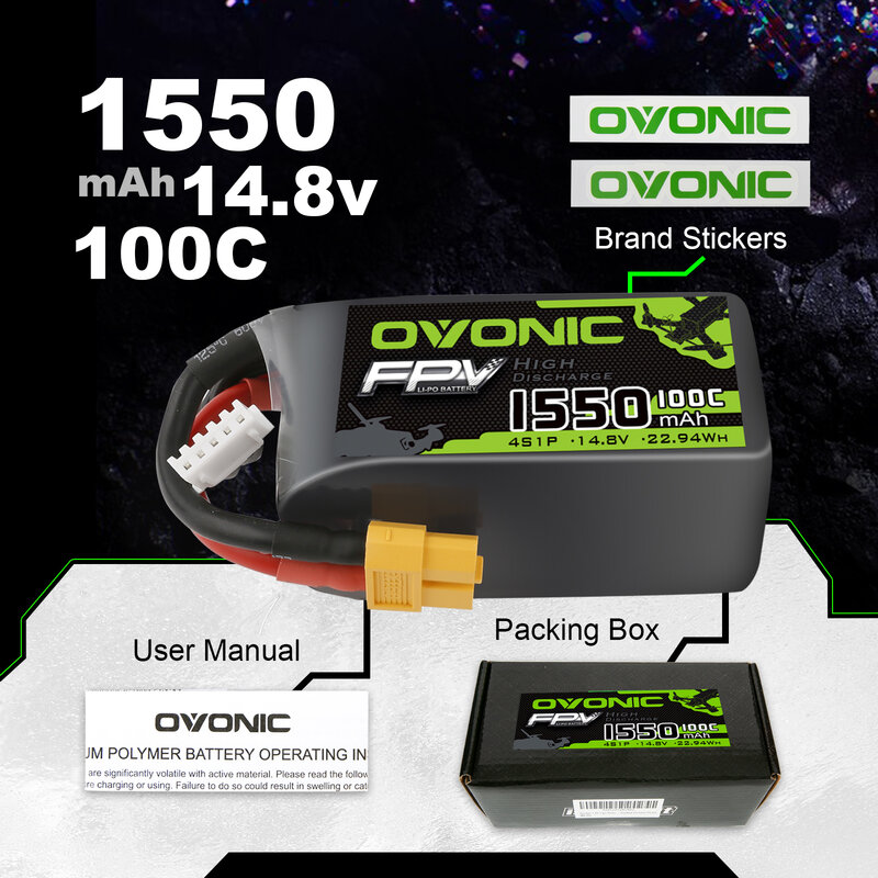 Ovonic-funfly 4S bateria lipo, 1550mah, 100c, 14.8v, com ficha xt60, para barco rc, avião, uav, zangão, fpv