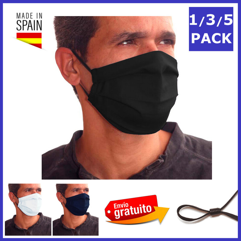Black antivirus masks washable fabric plain colors, double layer cotton, adjustable mask, white, shipping from Spain