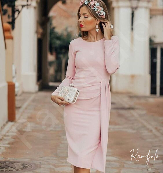 Simple Short Semi Formal Dresses for Wedding Guest 2024 Knee Length Long Sleeves Draping Pink Pencil O-Neck Groom Mother's Wear