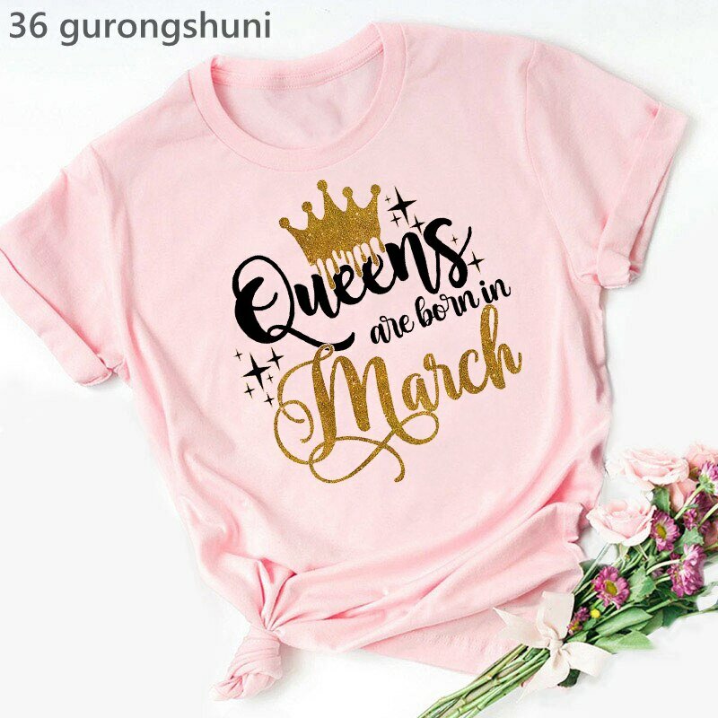 Letnia moda damska koszulka złota korona królowa urodziła się w styczniu do grudnia wydruk graficzny Tshirt Femme urodziny prezent topy