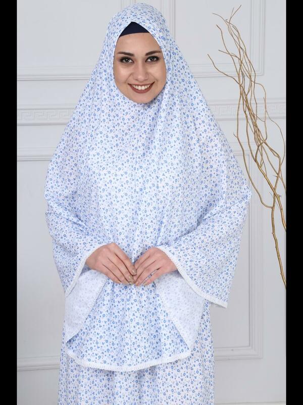 Muçulmano capa completa oração abaya vestido islâmico tradicional algodão turquia feminino fino dois 2 peça conjunto ramadan cor aleatória