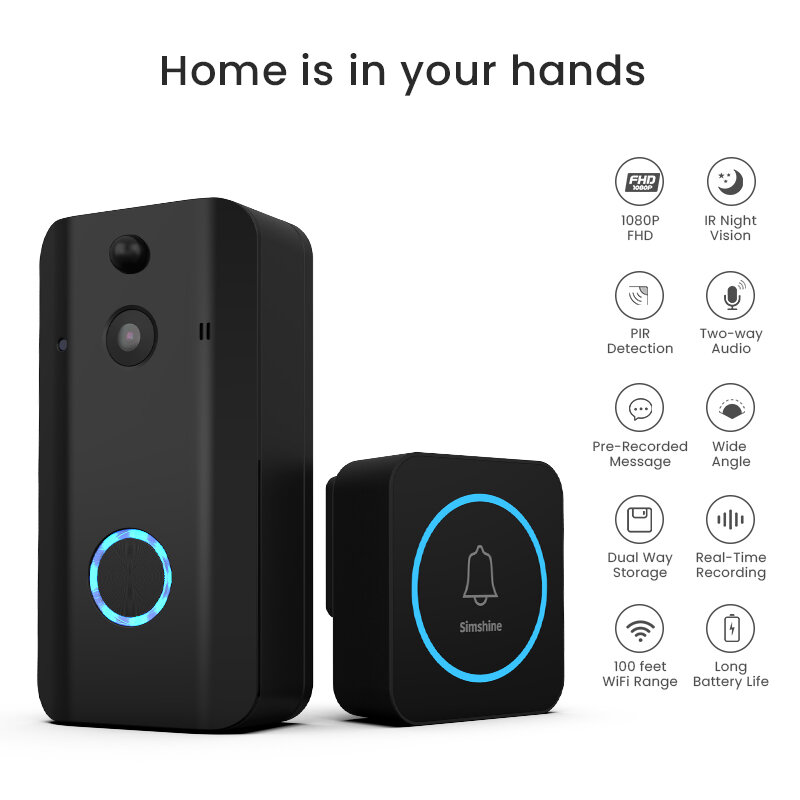 Simshine WIFI Bel Pintu Rumah Pintar Nirkabel Telepon AI Bel Pintu Kamera Keamanan Video Interkom 1080P HD Penglihatan Malam untuk Apartemen