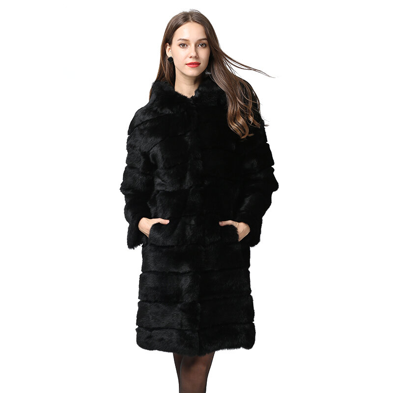 Prawdziwe futro z królika płaszcz z kapturem sprzedaż nowa w dłuższym stylu zimowa damska skóra naturalna luksusowa czarna gruba ciepła kurtka z całej skóry
