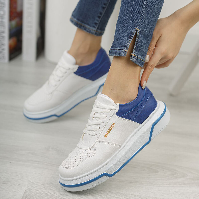 Chekich Women's & Men's Shoes White and Navy Blue Artificial Leather Mixed Color Laces Summer Season Comfortable Sneakers Casual Lightweight Breathable Odorless Wedding Office Sport High Sole Footwears CH075 Women V4