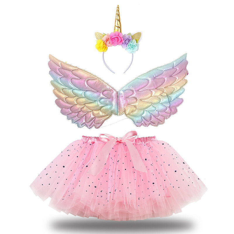 소녀 생일 파티 의상 유니콘 뿔 머리띠, 귀여운 요정 날개 및 스파클 투투 스커트 세트, 공주 코스프레 복장