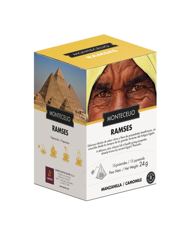 MONTECELIO Infusion camomille égyptienne et Orange en pyramides. MONTECELIO Ramsès. Perfusion Digestif. 15 pyramides