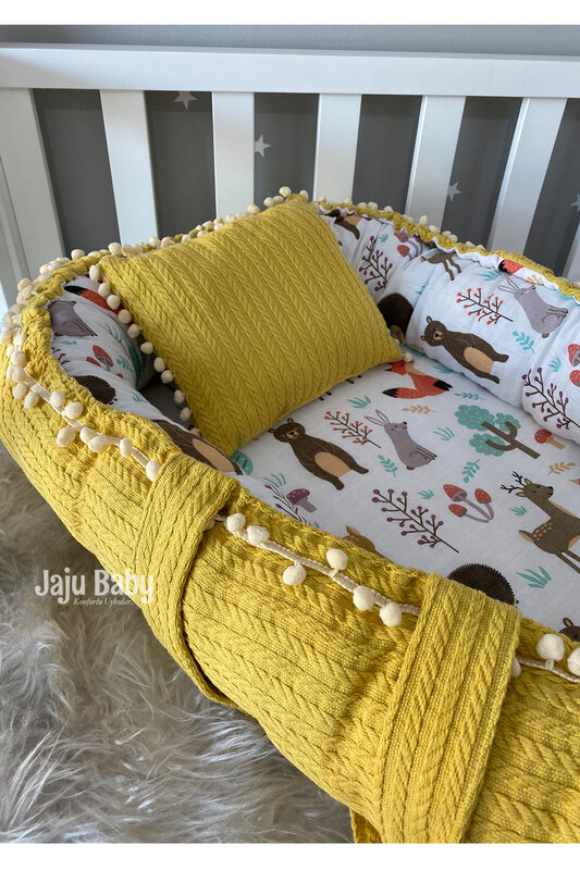 Babynest Mustard Color Knitted Forest Fabric 0-24 Months Mother's Side Baby Bed Baby Room