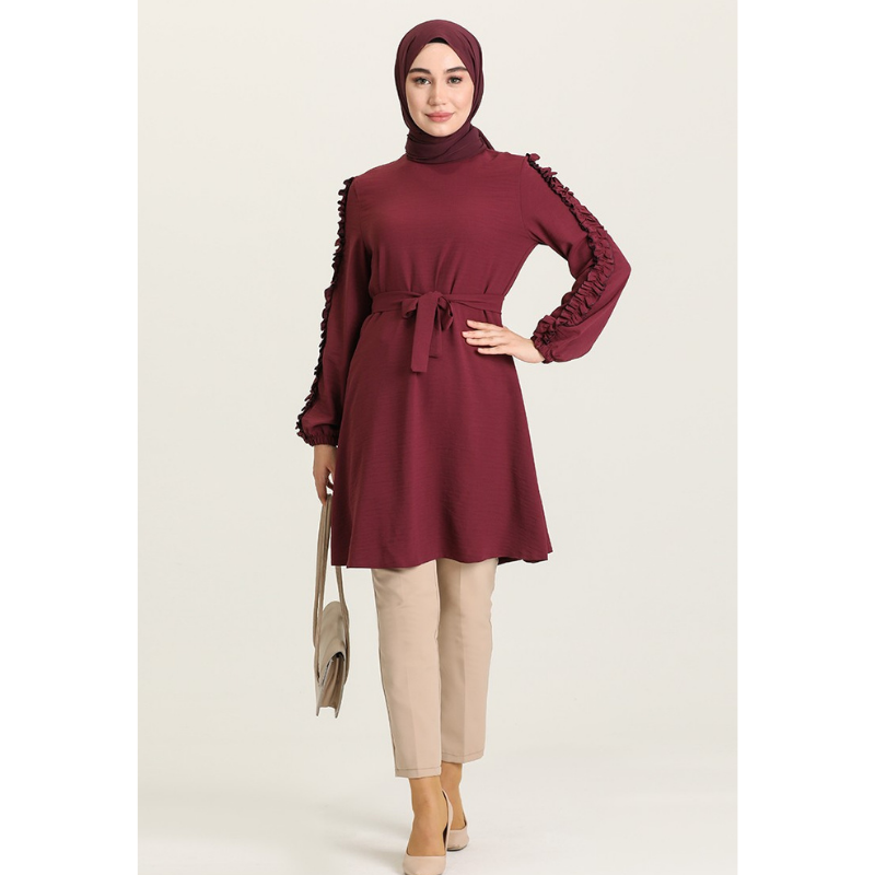 Robe à volants pour femmes musulmanes, avec ceinture, manches longues, col zéro, confortable, 4 saisons, tunique islamique