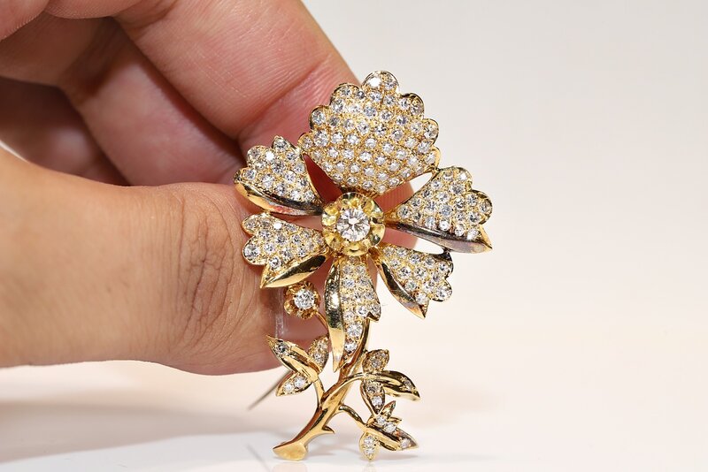 Broche fuerte estilo flores increíbles diamante Natural oro de 18k Vintage Original antiguo