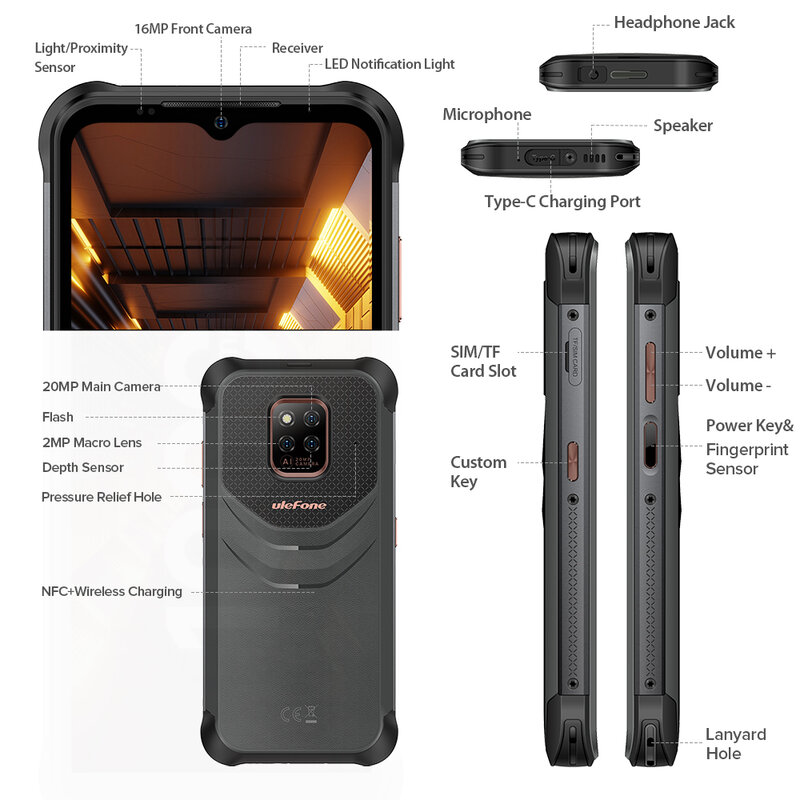 Ulefone Power ARMOR โทรศัพท์มือถือแอนดรอยด์12 10000mAh, โทรศัพท์มือถือ NFC โทรศัพท์มีสาย6GB RAM 128GB ROM 2.4G/5G WLAN smartphone