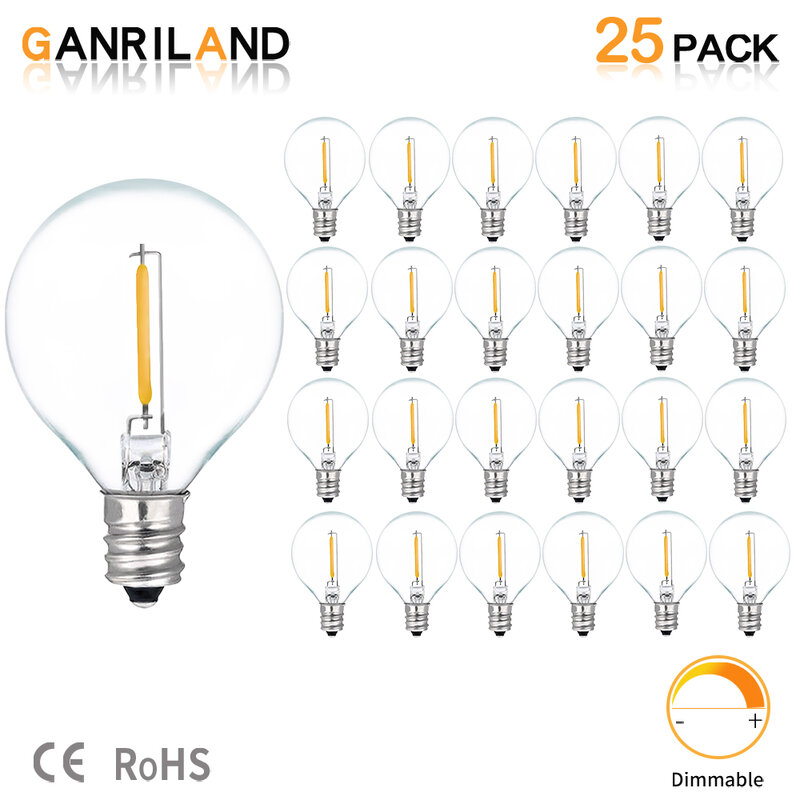 Lâmpada de substituição LED String Lights, G40, E12 Parafuso, Branco Quente, Vidro Âmbar, 7W, Substituir 7W, 220V, 110V, 2700K, 25Pcs