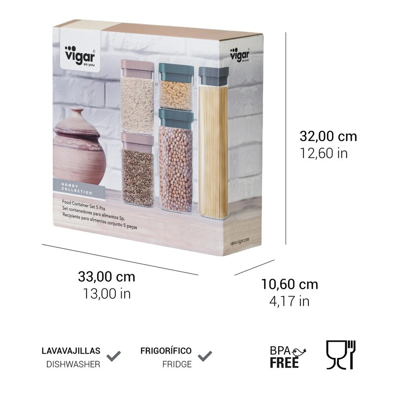 Vigar - Homey | Récipient de stockage alimentaire avec couvercle hermétique lot de 5 pièces-plastique sans BPA-récipient de cuisine