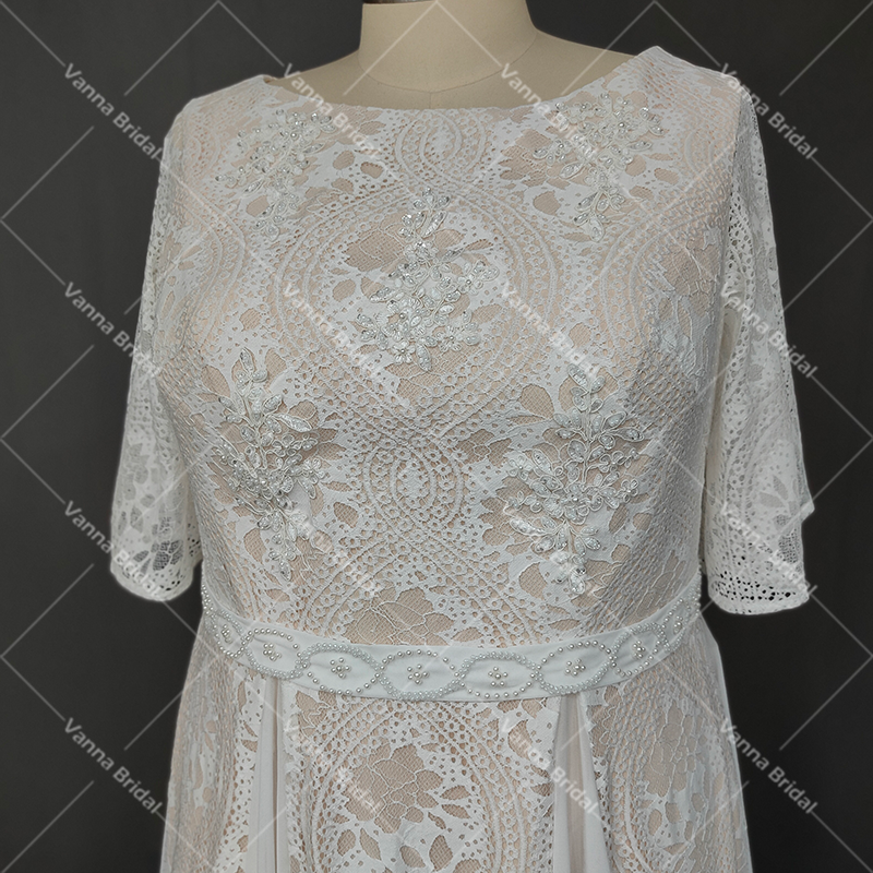 Real Photos Lace Country Boat Neck Bridal Gowns Chiffon Short Sleeves Beading Beach A Line Custom Made Destination Wedding Dress