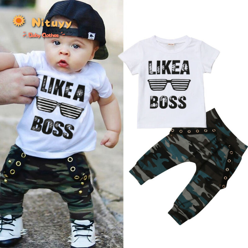 Baby Jungen Kleidung 2020 Hip Hop Kurzarm Sommer Kleinkind Infant Wie EIN Chef Brief Tops T-shirt Camo Hosen Outfits 2Pcs