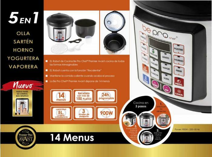 Kitchen Robot, Be Pro Chef Premier Plus Avant. Steam cooker, bakes, iron, Fry etc, with pressurization effect, programmable 24 hours, 14 menus, includes 100 recipes, 3 power levels