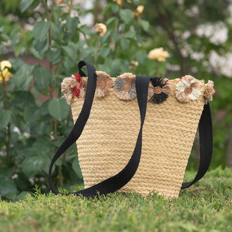 Bolso de paja bohemio multicolor Daisy detallado hecho a mano | Bolso de cesta | Bolso de paja de playa de verano | Bolso de cesta de compras
