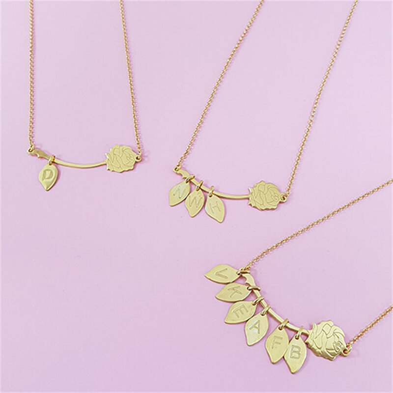 Personalizado rosa colar com folhas personalizado gravado nome pingente corrente de ouro aço inoxidável jóias presente para o dia das mães