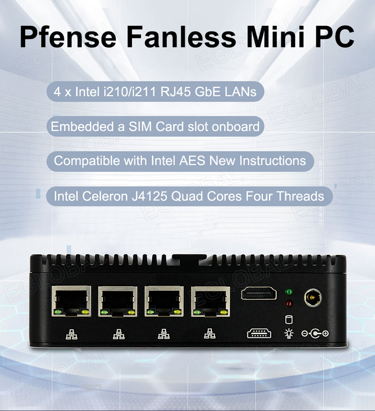Eglobal Fanless Pfsense Mini PC J4125 Quad core 4 * Intel i210/i211 LANs HDMI COM Computer industriale sottile come Firewall Router VPN
