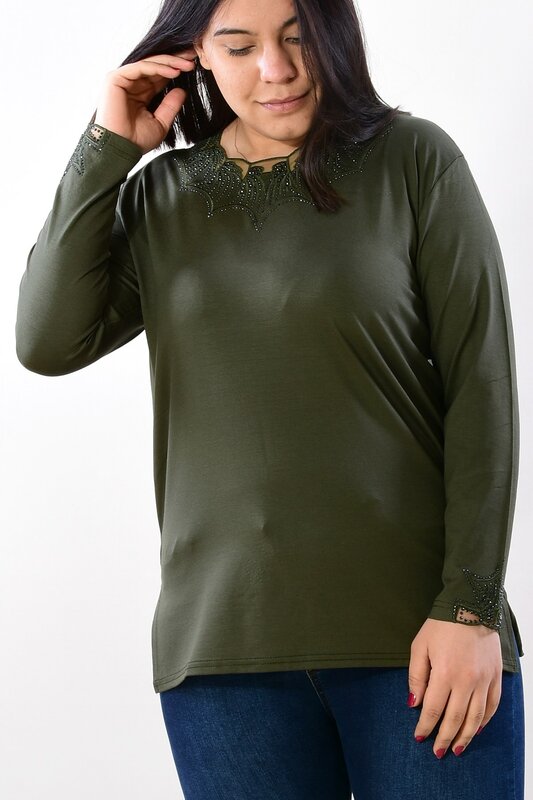 Women's Large Size Collar Gemstone Khaki Blouse 2601