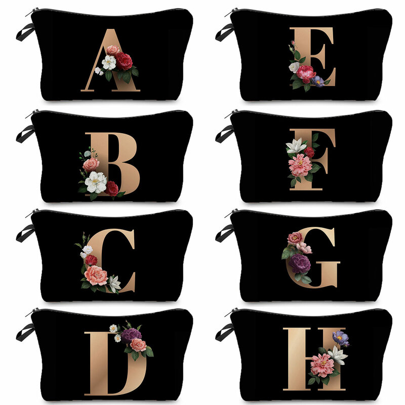 Bolsa de cosméticos con 26 iniciales de flores para mujer, bolsa de maquillaje con letras de A-Z, bolsa de viaje para dama de honor, estuche portátil para cosméticos, bolsa de belleza