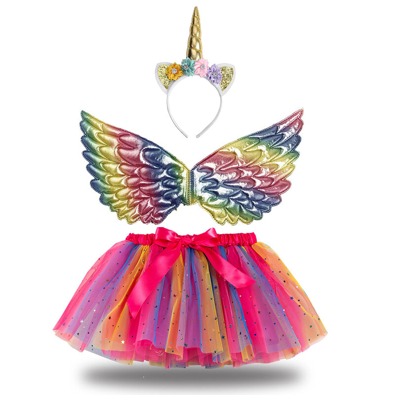 소녀 생일 파티 의상 유니콘 뿔 머리띠, 귀여운 요정 날개 및 스파클 투투 스커트 세트, 공주 코스프레 복장