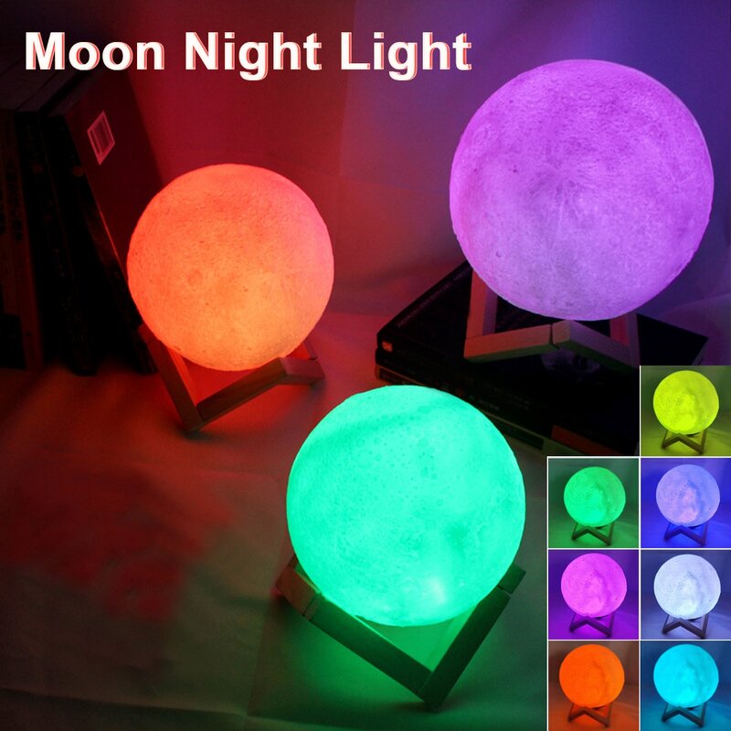 Bateria Powered LED Moon Lamp Com Suporte, Starry Night Light, Decoração do quarto, Kids Gift, 8cm