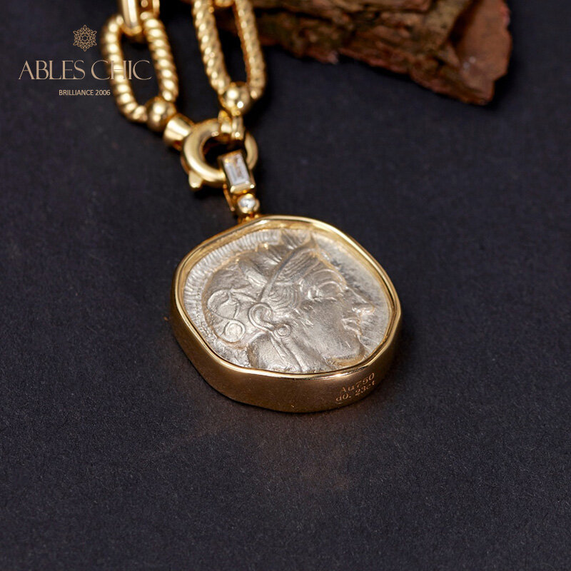 Byzantine 18K ทองโบราณแท้ Lira Athena เหรียญจี้เพชร0.23ct Artifact Reversible Medallion สร้อยคอ46.51G