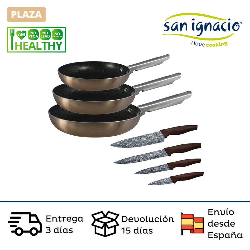 juego de sartenes(20,24,28cm) SAN IGNACIO Premium en aluminio prensado y set de cuchillos de cocina con mango de madera