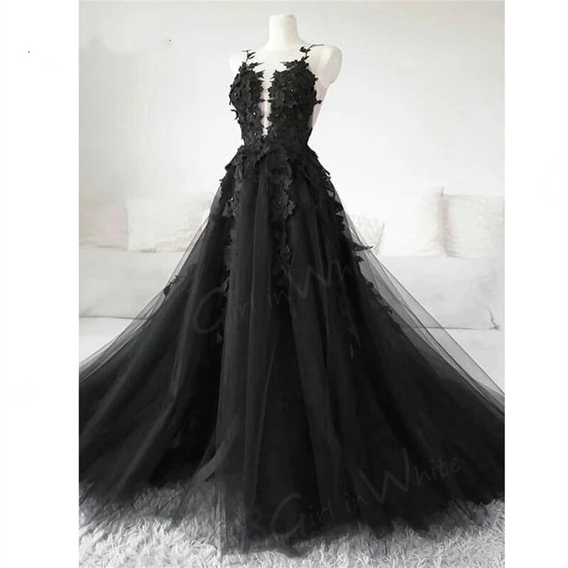 Seksowna czarna długa suknia ślubna tiul głęboki dekolt koronkowe aplikacje suknia ślubna Backless wysokiej jakości Vestidos De Novia